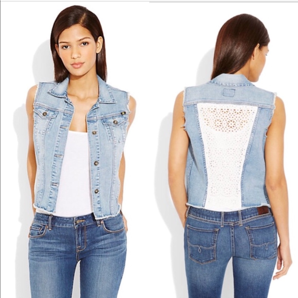 Lucky brand eyelet lace insert denim frayed vest